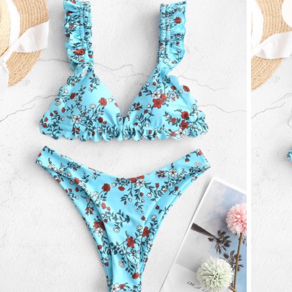 Zaful Other - ZAFUL Floral Ruffle High Leg Bikini Swimwear